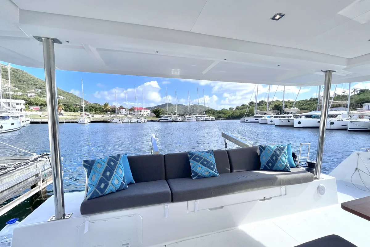 Deck of Blue Vibes, a Fountaine Pajot Tanna 47 catamaran at Parham Town, British Virgin Islands