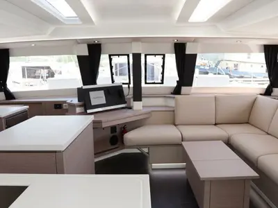 Salon of Serenata, a Fountaine Pajot Saba 50 catamaran at Road Town, British Virgin Islands