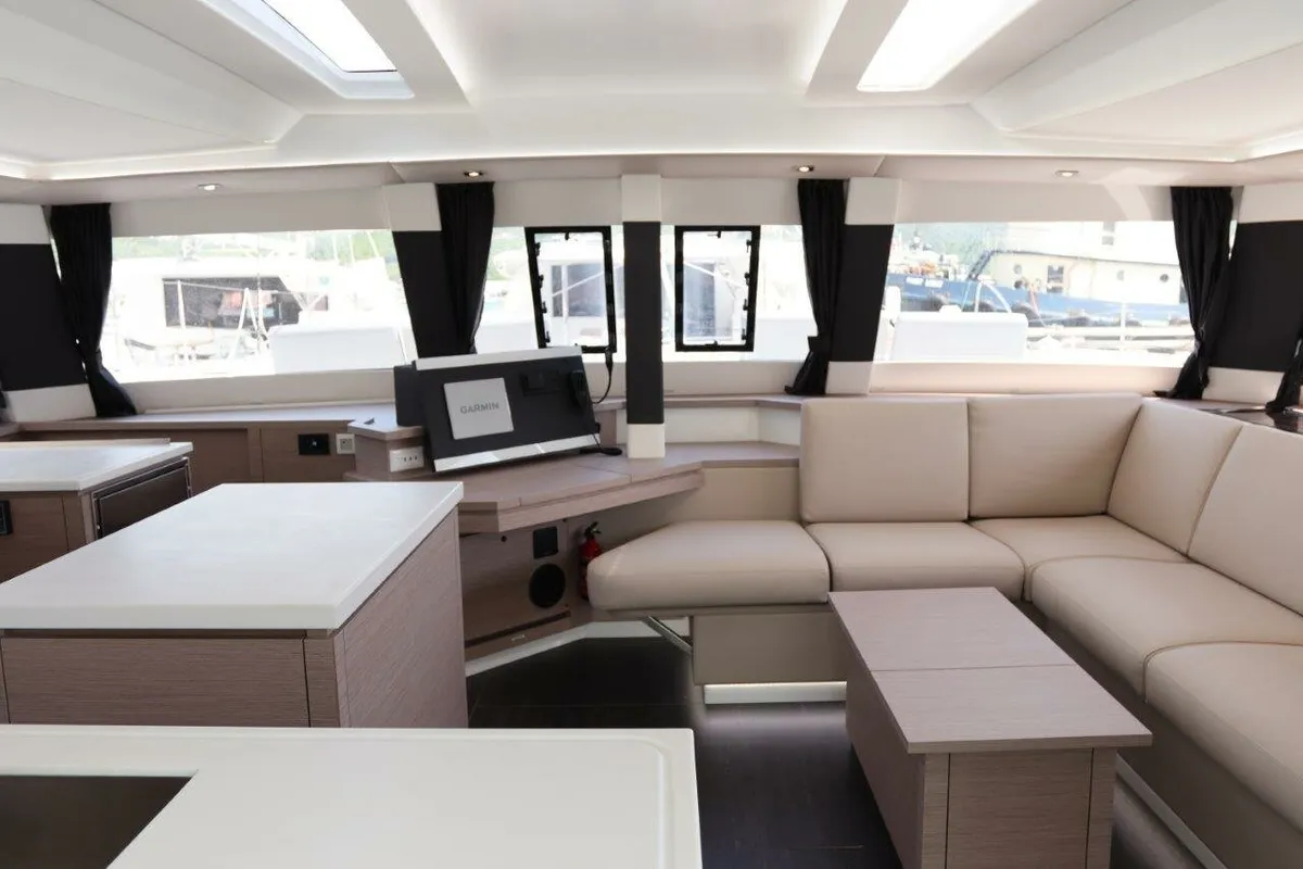 Salon of Serenata, a Fountaine Pajot Saba 50 catamaran at Road Town, British Virgin Islands