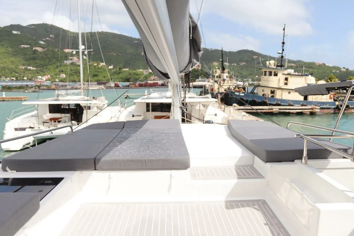 Deck of Serenata, a Fountaine Pajot Saba 50 catamaran at Road Town, British Virgin Islands