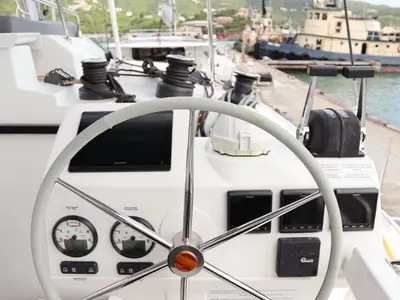 Cockpit of Serenata, a Fountaine Pajot Saba 50 catamaran at Road Town, British Virgin Islands