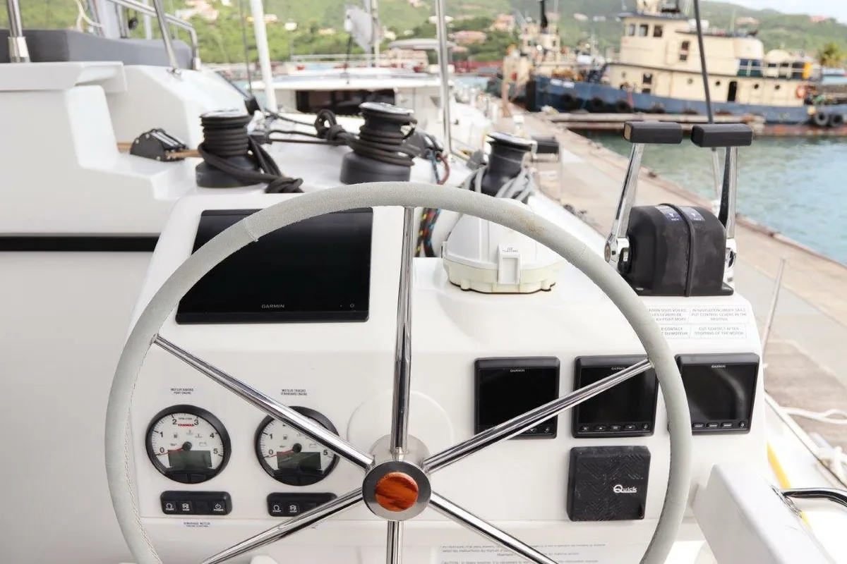 Cockpit of Serenata, a Fountaine Pajot Saba 50 catamaran at Road Town, British Virgin Islands