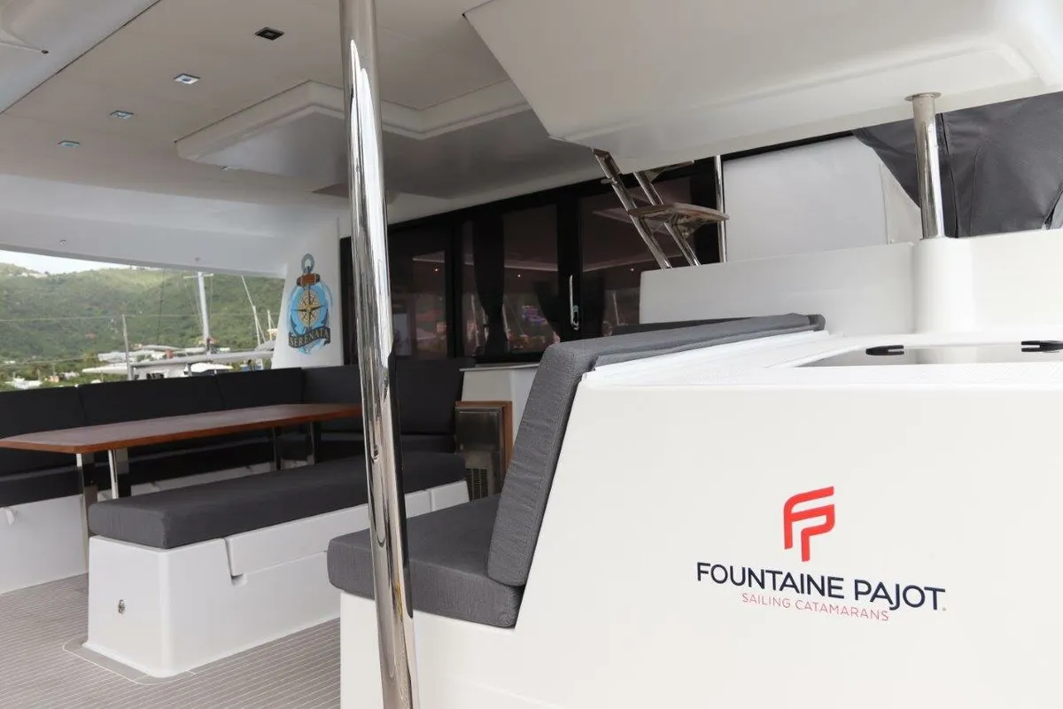 Deck of Serenata, a Fountaine Pajot Saba 50 catamaran at Road Town, British Virgin Islands