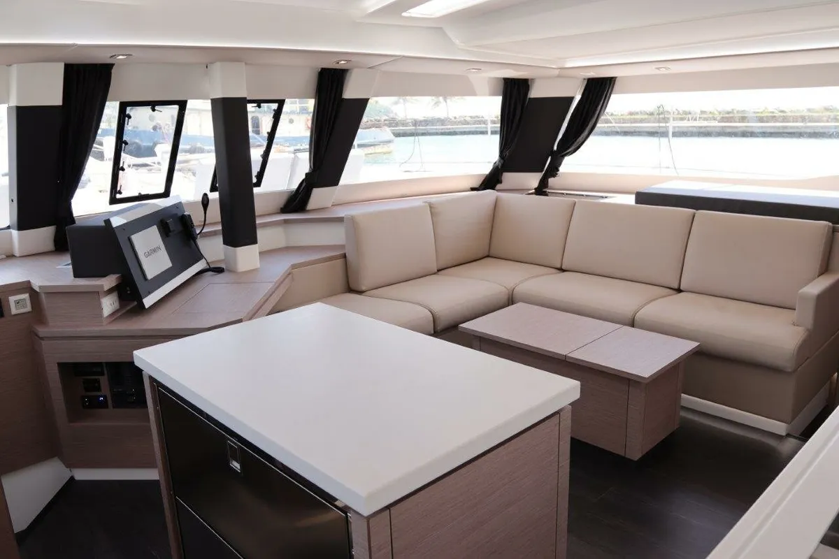 Salon of Serenata, a Fountaine Pajot Saba 50 catamaran at Road Town, British Virgin Islands
