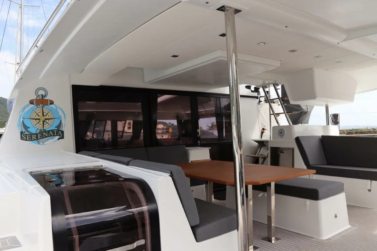 Deck of Serenata, a Fountaine Pajot Saba 50 catamaran at Road Town, British Virgin Islands