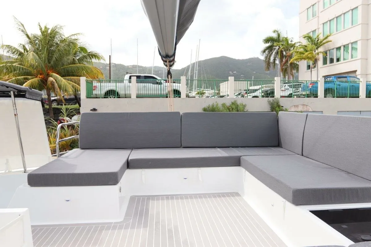 Deck of Serenata, a Fountaine Pajot Saba 50 catamaran at Road Town, British Virgin Islands