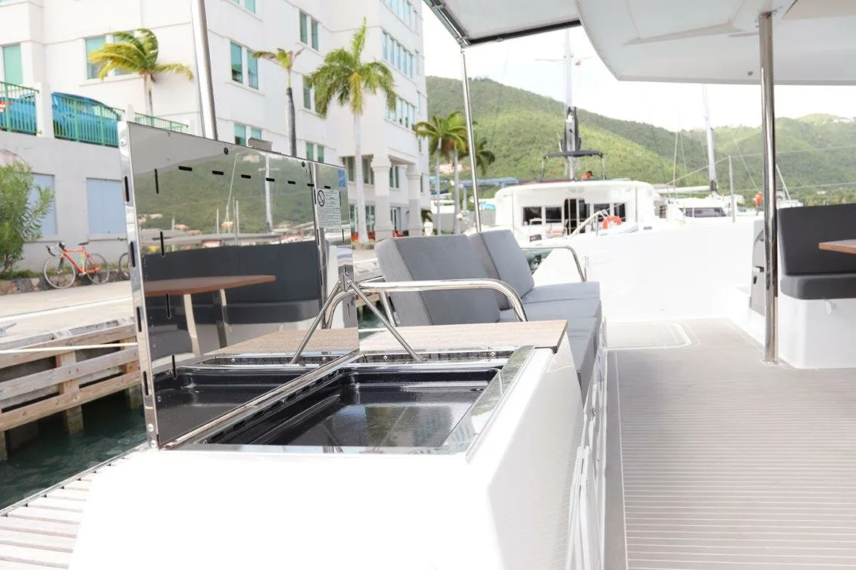 Deck of Serenata, a Fountaine Pajot Saba 50 catamaran at Road Town, British Virgin Islands