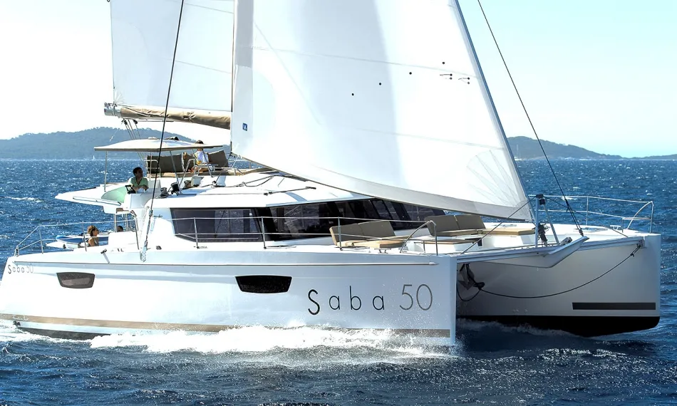 Exterior view of Serenata, a Fountaine Pajot Saba 50 catamaran at Road Town, British Virgin Islands