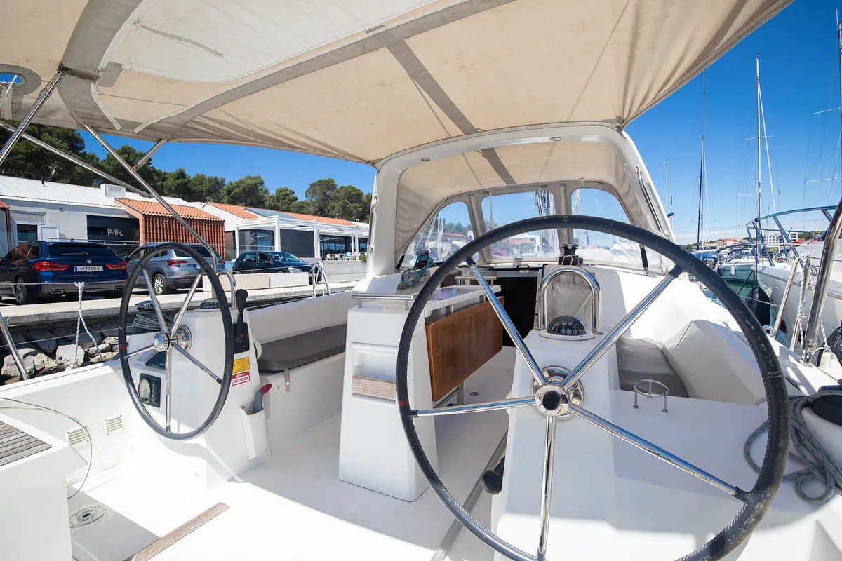 Cockpit of Mare Animi, a Beneteau Oceanis 35 sailboat at Općina Medulin, Croatia