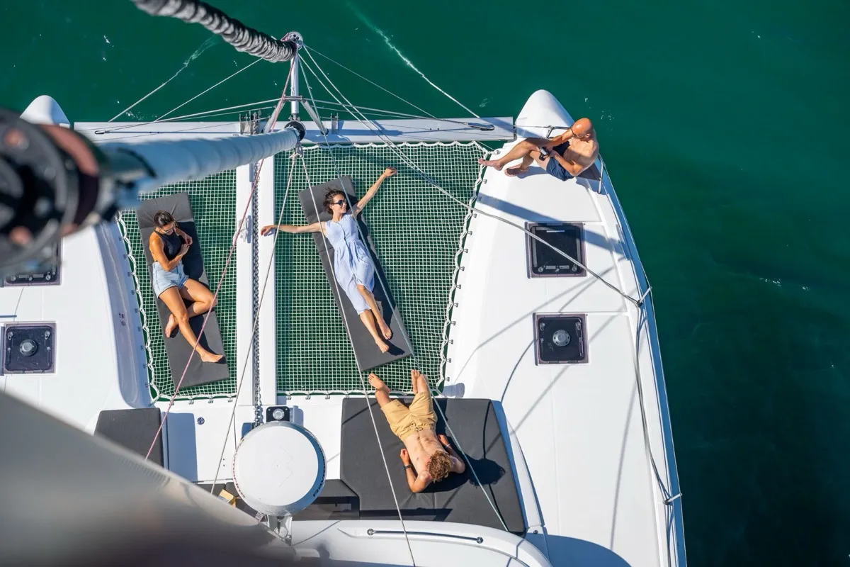 Deck of Folie, a Lagoon 43 catamaran at Tonnarella, Italy
