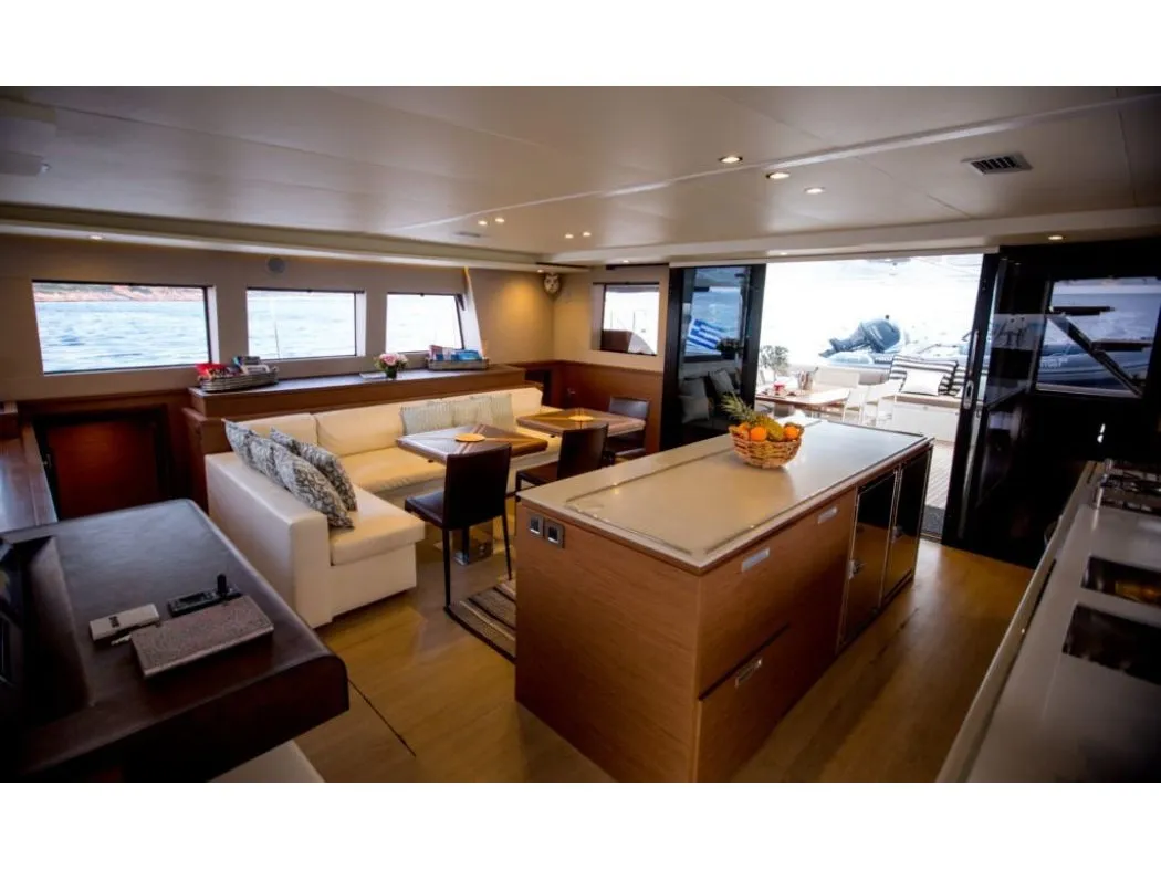 Salon of Valium 62, a Lagoon 620 catamaran at Municipal Unit of Nea Peramos, Greece
