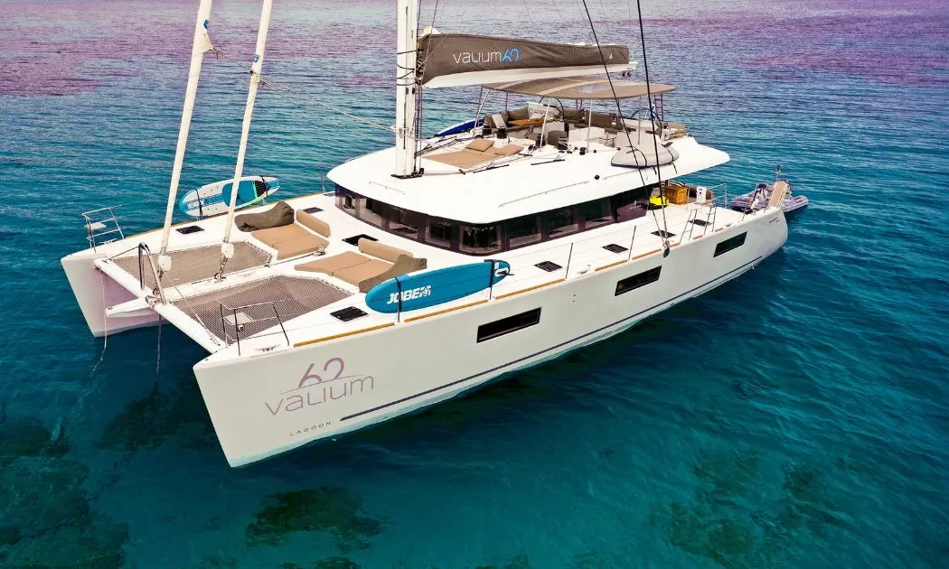Exterior view of Valium 62, a Lagoon 620 catamaran at Municipal Unit of Nea Peramos, Greece
