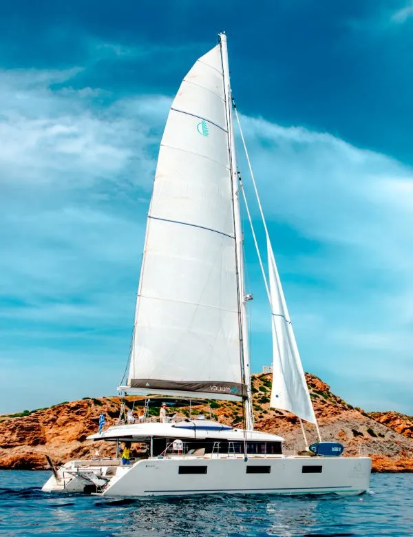 Exterior view of Valium 62, a Lagoon 620 catamaran at Municipal Unit of Nea Peramos, Greece