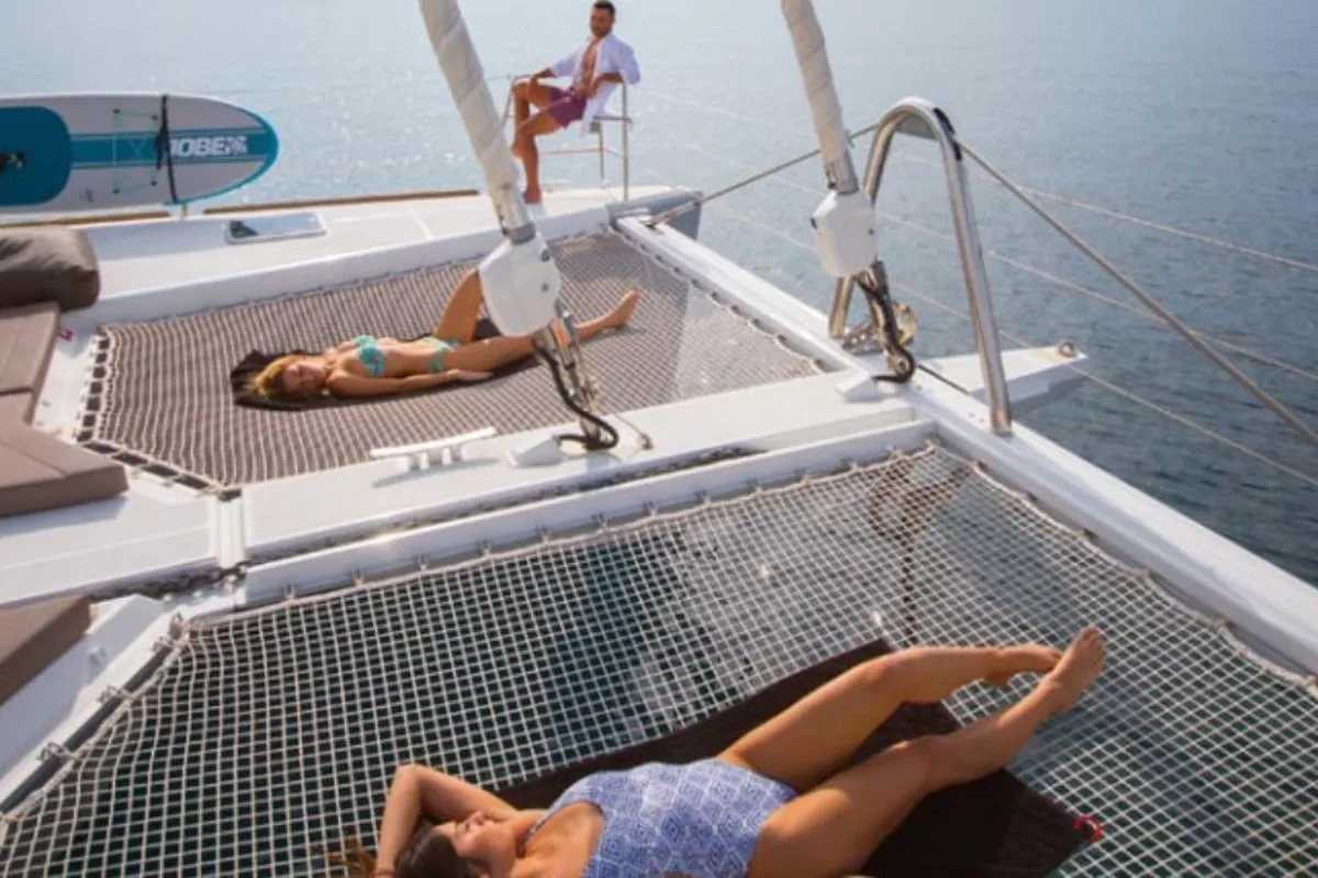 Deck of Valium 62, a Lagoon 620 catamaran at Municipal Unit of Nea Peramos, Greece