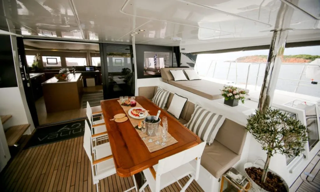 Deck of Valium 62, a Lagoon 620 catamaran at Municipal Unit of Nea Peramos, Greece