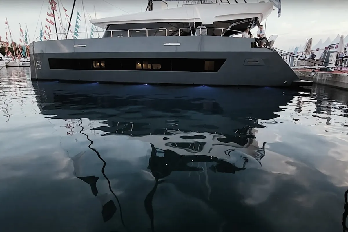 Exterior view of SEABARIT LX, a Gulet Moon Sail 60 catamaran at Athens, Greece
