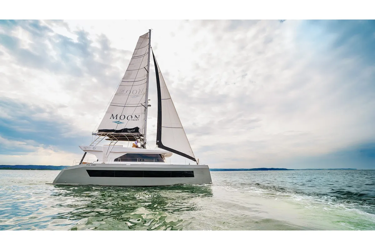 Exterior view of SEABARIT LX, a Gulet Moon Sail 60 catamaran at Athens, Greece