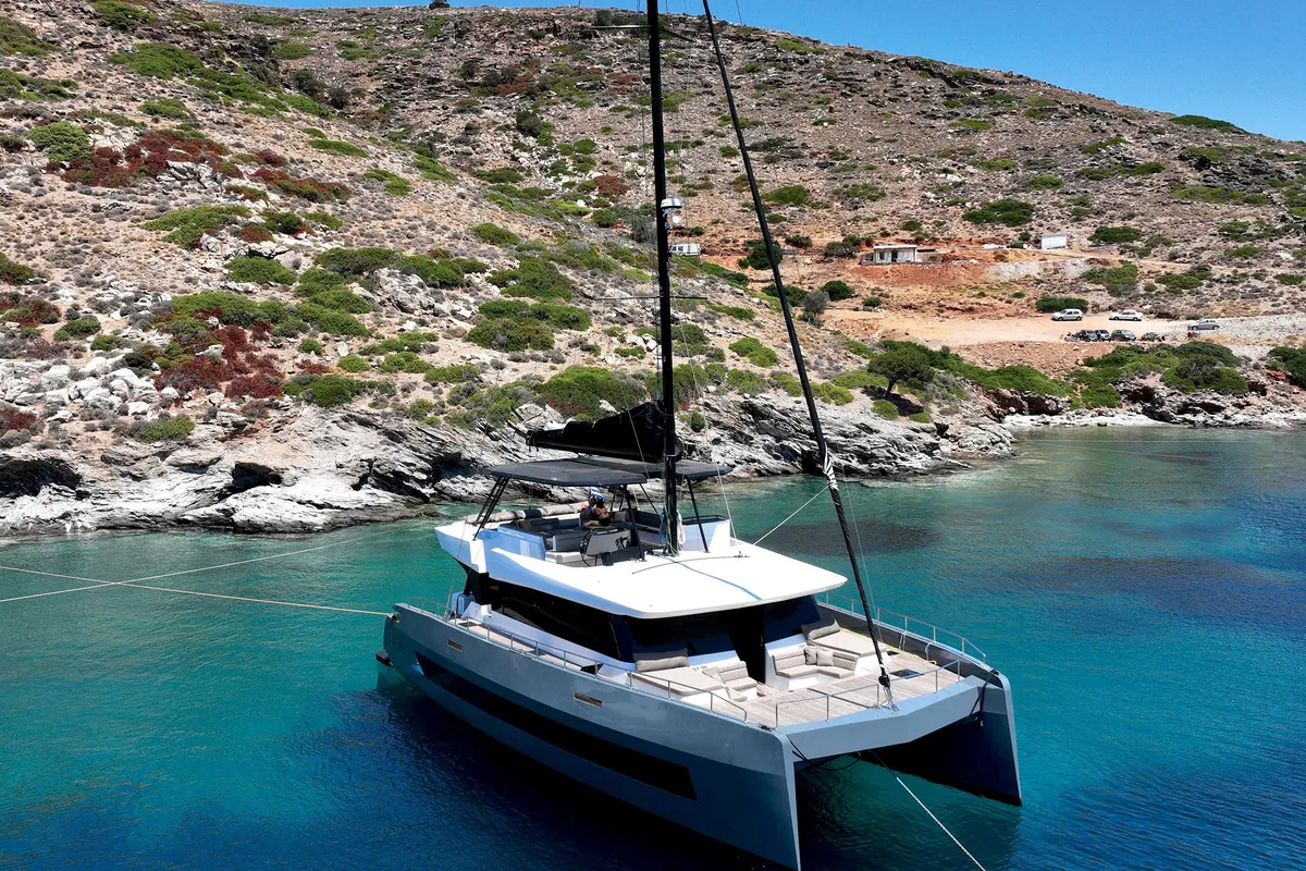 Exterior view of SEABARIT LX, a Gulet Moon Sail 60 catamaran at Athens, Greece