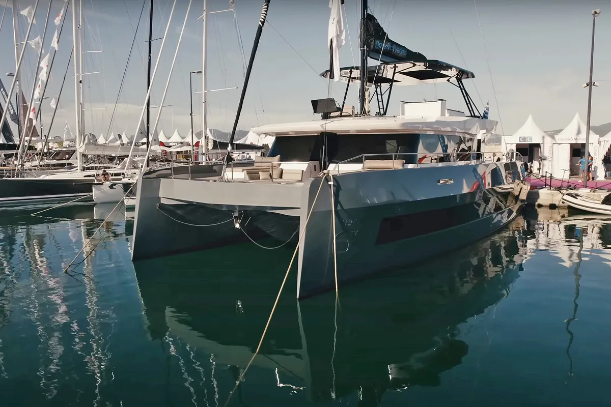 Exterior view of SEABARIT LX, a Gulet Moon Sail 60 catamaran at Athens, Greece