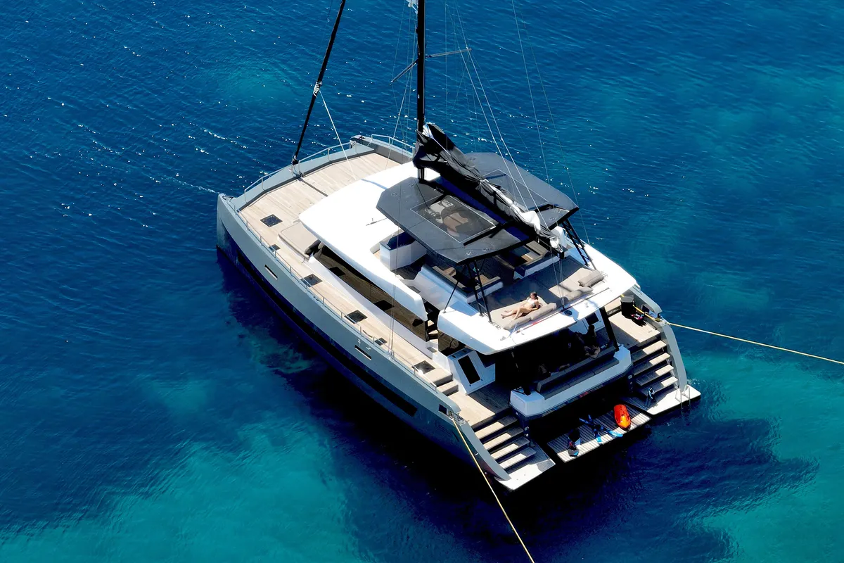 Exterior view of SEABARIT LX, a Gulet Moon Sail 60 catamaran at Athens, Greece