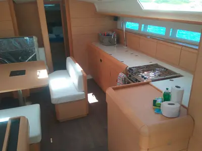 Salon of Belle Epoque , a Jeanneau Sun Odyssey 519 sailboat at Athens, Greece