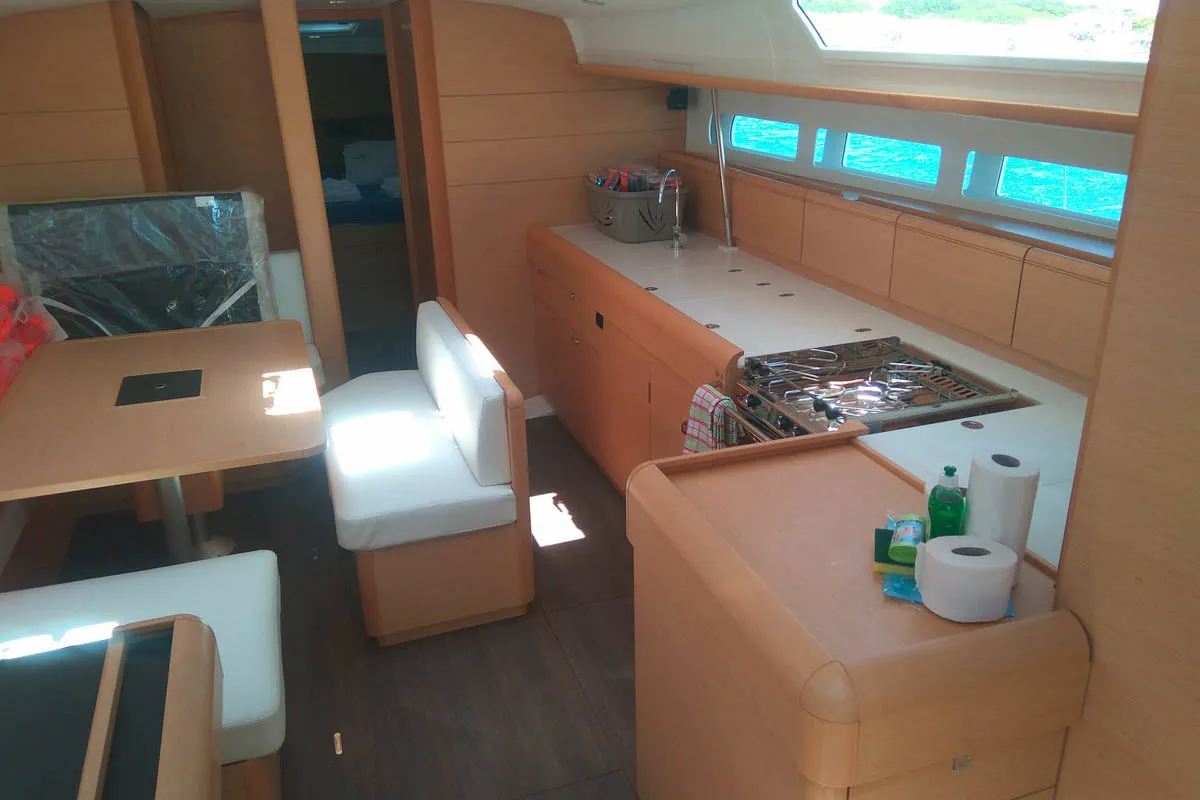 Salon of Belle Epoque , a Jeanneau Sun Odyssey 519 sailboat at Athens, Greece