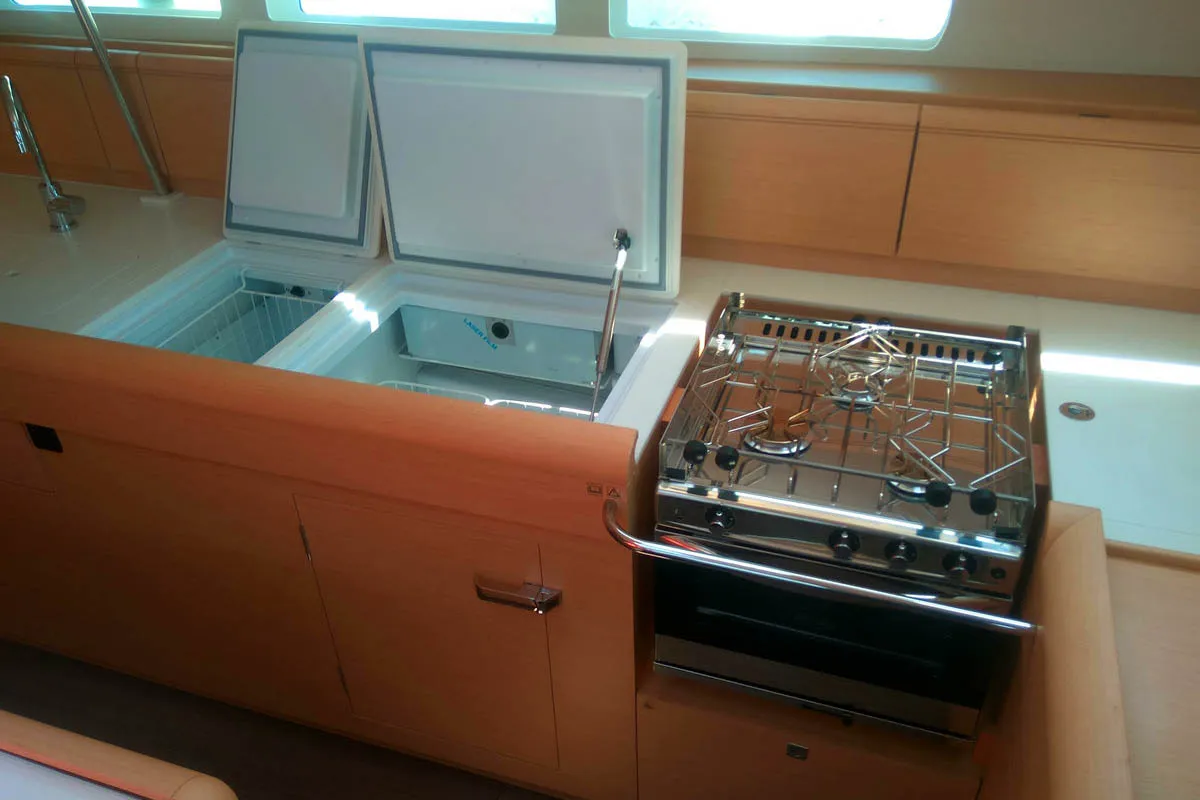 Galley of Belle Epoque , a Jeanneau Sun Odyssey 519 sailboat at Athens, Greece
