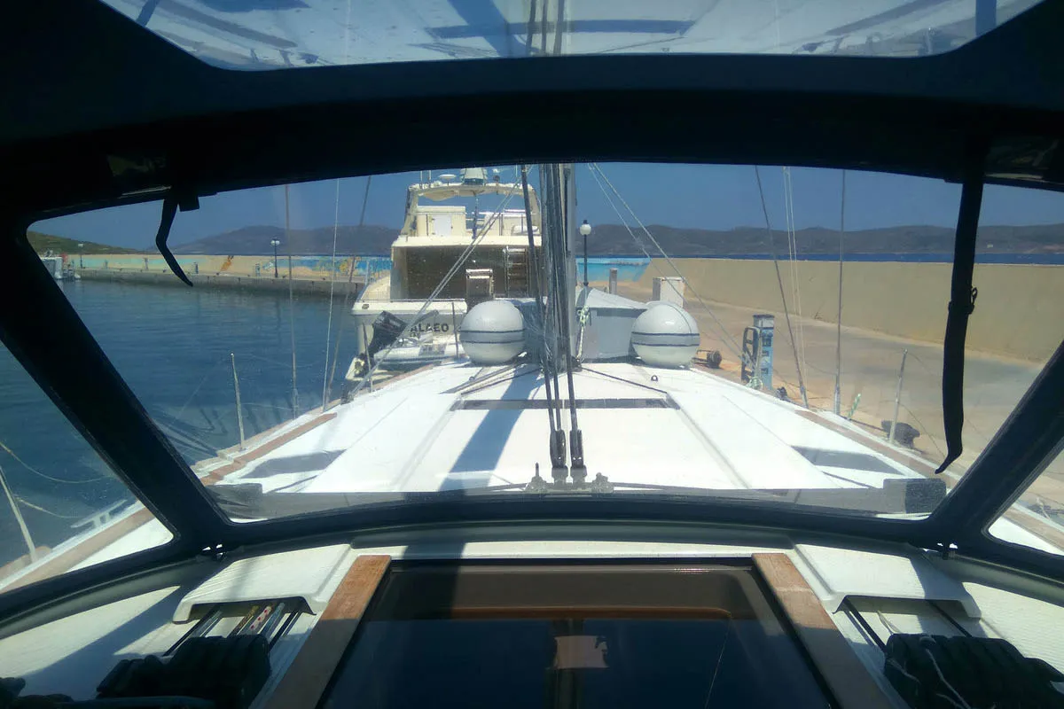 Deck of Belle Epoque , a Jeanneau Sun Odyssey 519 sailboat at Athens, Greece
