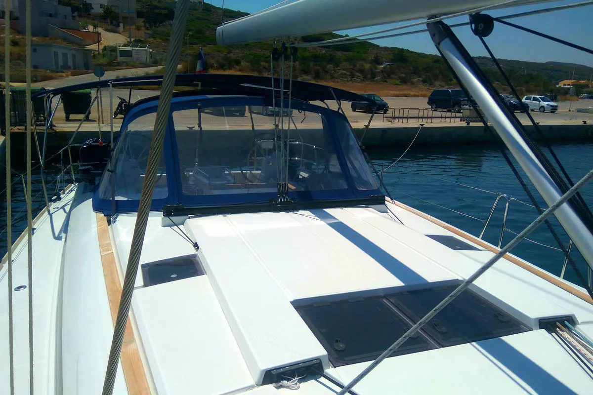 Deck of Belle Epoque , a Jeanneau Sun Odyssey 519 sailboat at Athens, Greece