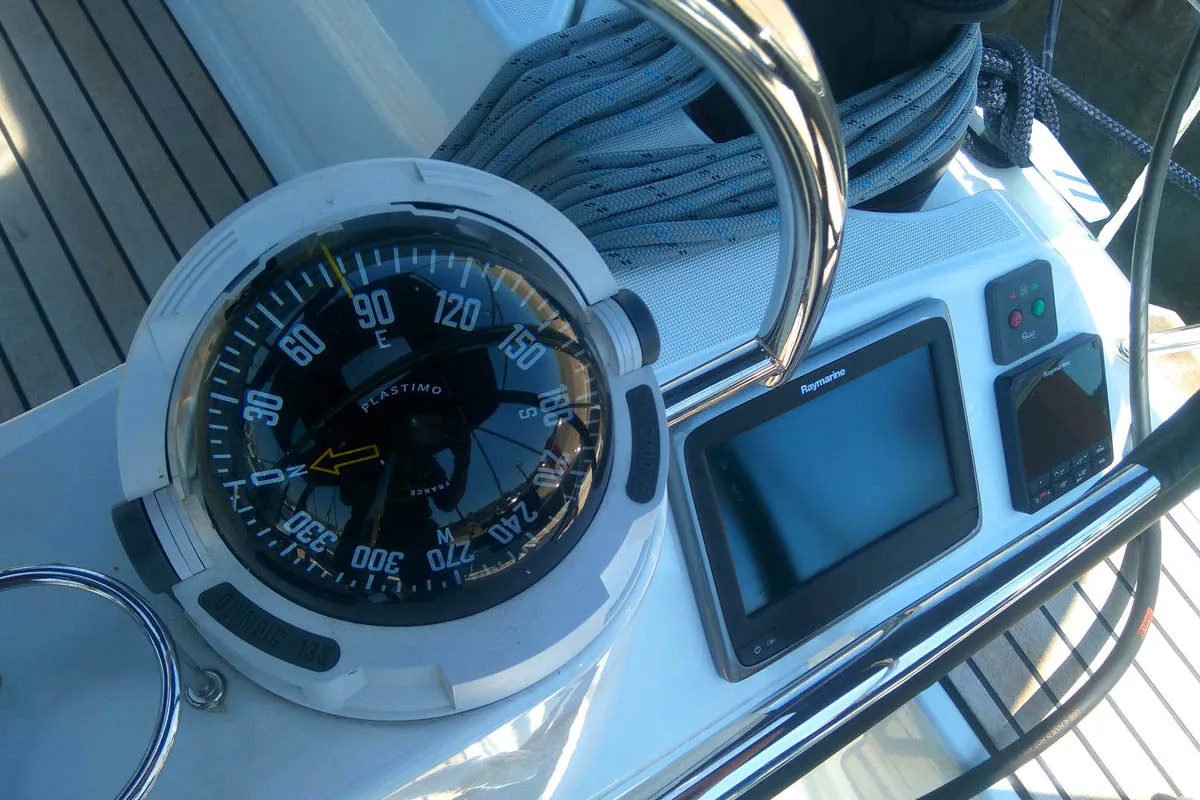 Cockpit of Belle Epoque , a Jeanneau Sun Odyssey 519 sailboat at Athens, Greece
