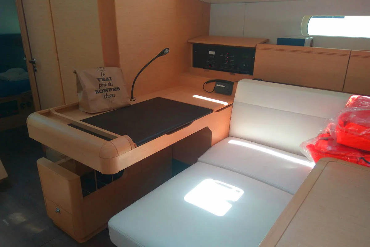 Salon of Belle Epoque , a Jeanneau Sun Odyssey 519 sailboat at Athens, Greece