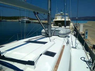 Deck of Belle Epoque , a Jeanneau Sun Odyssey 519 sailboat at Athens, Greece