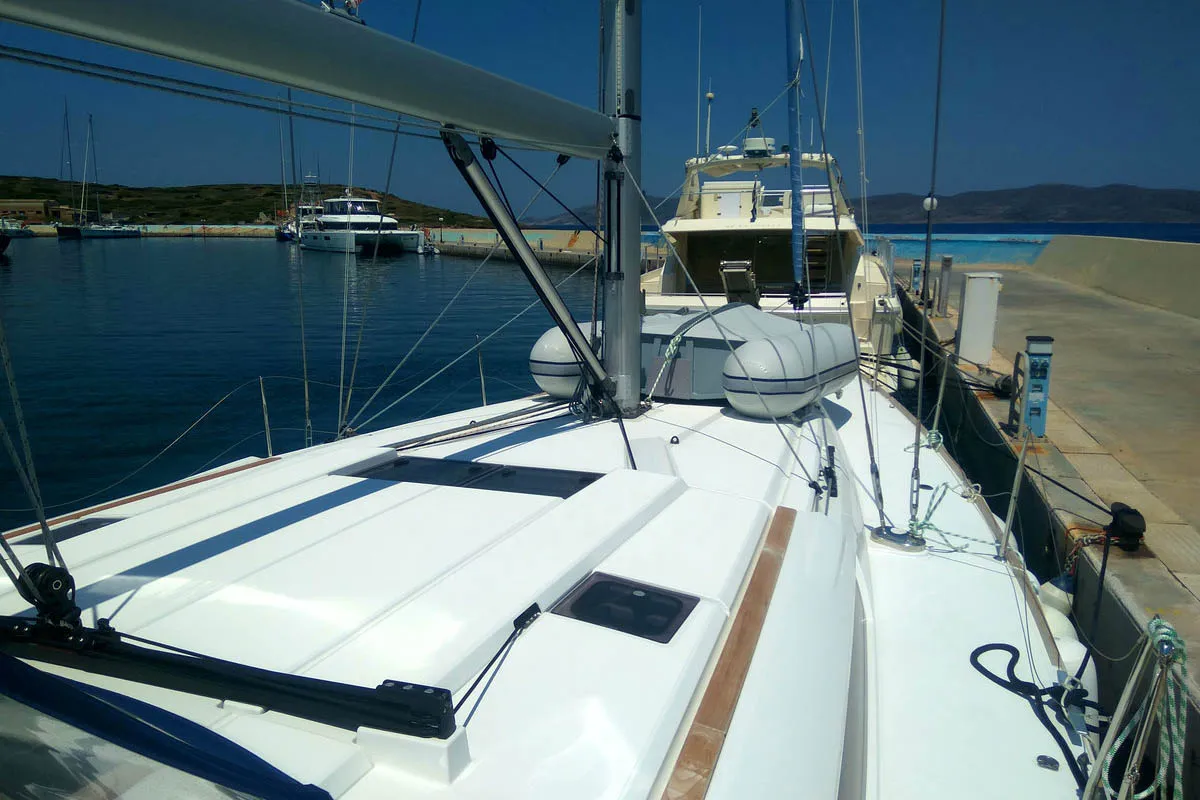 Deck of Belle Epoque , a Jeanneau Sun Odyssey 519 sailboat at Athens, Greece