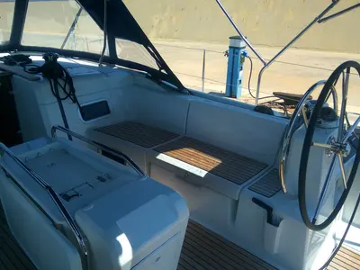 Cockpit of Belle Epoque , a Jeanneau Sun Odyssey 519 sailboat at Athens, Greece