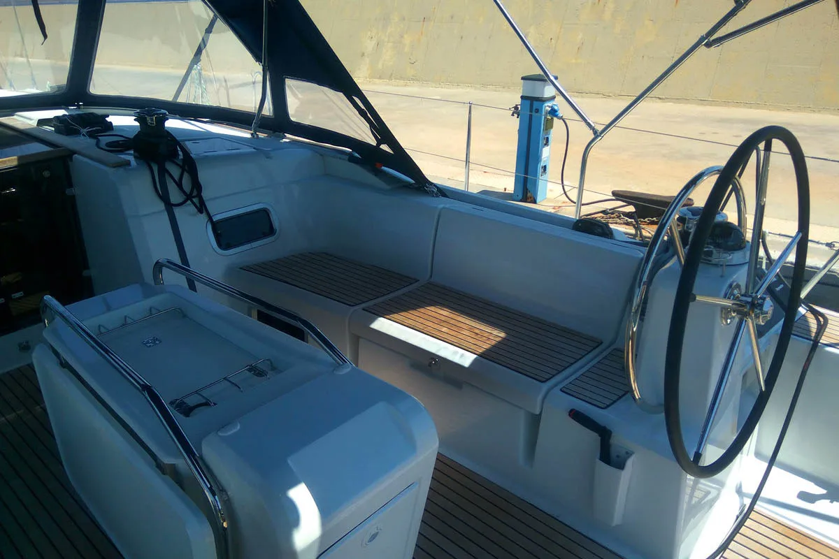 Cockpit of Belle Epoque , a Jeanneau Sun Odyssey 519 sailboat at Athens, Greece