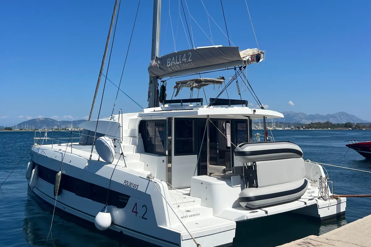 Exterior view of Honey Meadow, a Bali 4.2 catamaran at Preveza, Greece