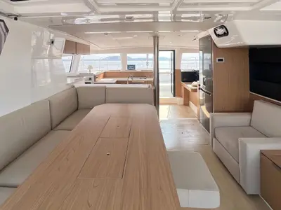 Salon of Honey Meadow, a Bali 4.2 catamaran at Preveza, Greece
