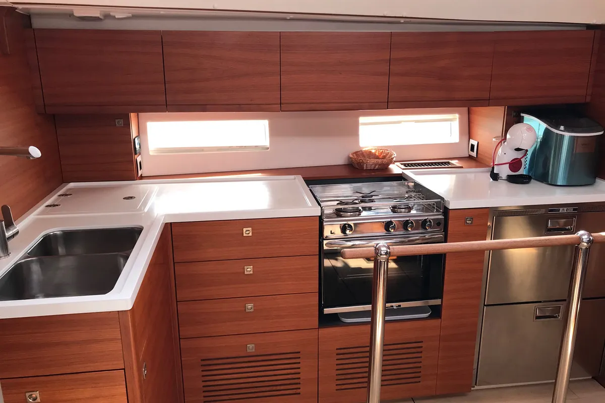 Galley of Mrs. Robinson, a More 55 sailboat at Grad Ploče, Croatia