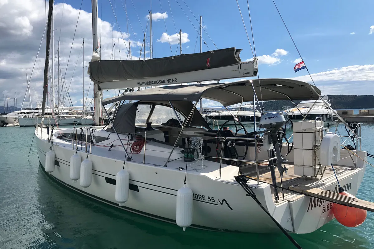 Exterior view of Mrs. Robinson, a More 55 sailboat at Grad Ploče, Croatia