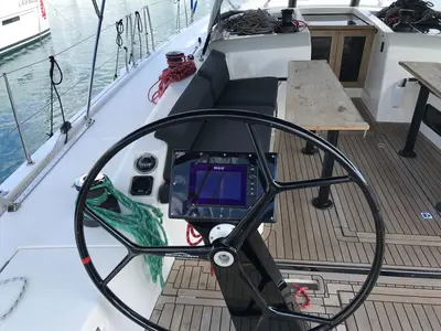 Cockpit of Mrs. Robinson, a More 55 sailboat at Grad Ploče, Croatia
