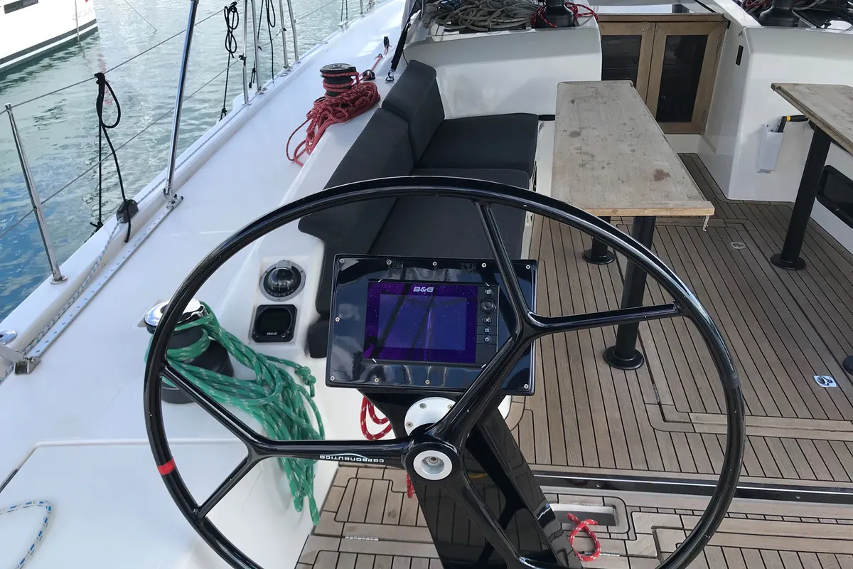Cockpit of Mrs. Robinson, a More 55 sailboat at Grad Ploče, Croatia
