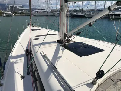 Deck of Mrs. Robinson, a More 55 sailboat at Grad Ploče, Croatia