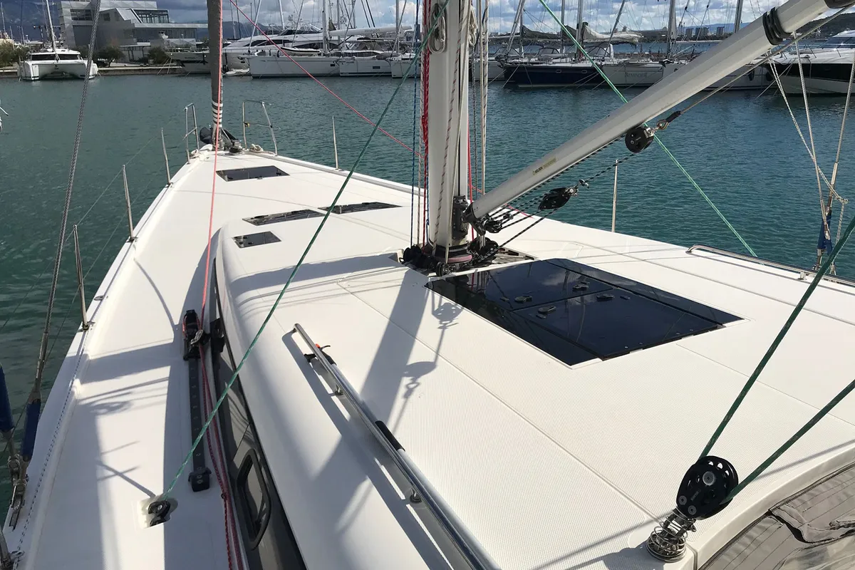 Deck of Mrs. Robinson, a More 55 sailboat at Grad Ploče, Croatia