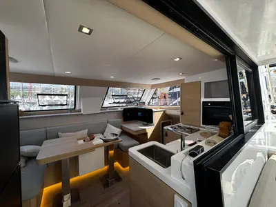 Salon of Zarah, a Aventura 37 catamaran at Capo d'Orlando, Italy