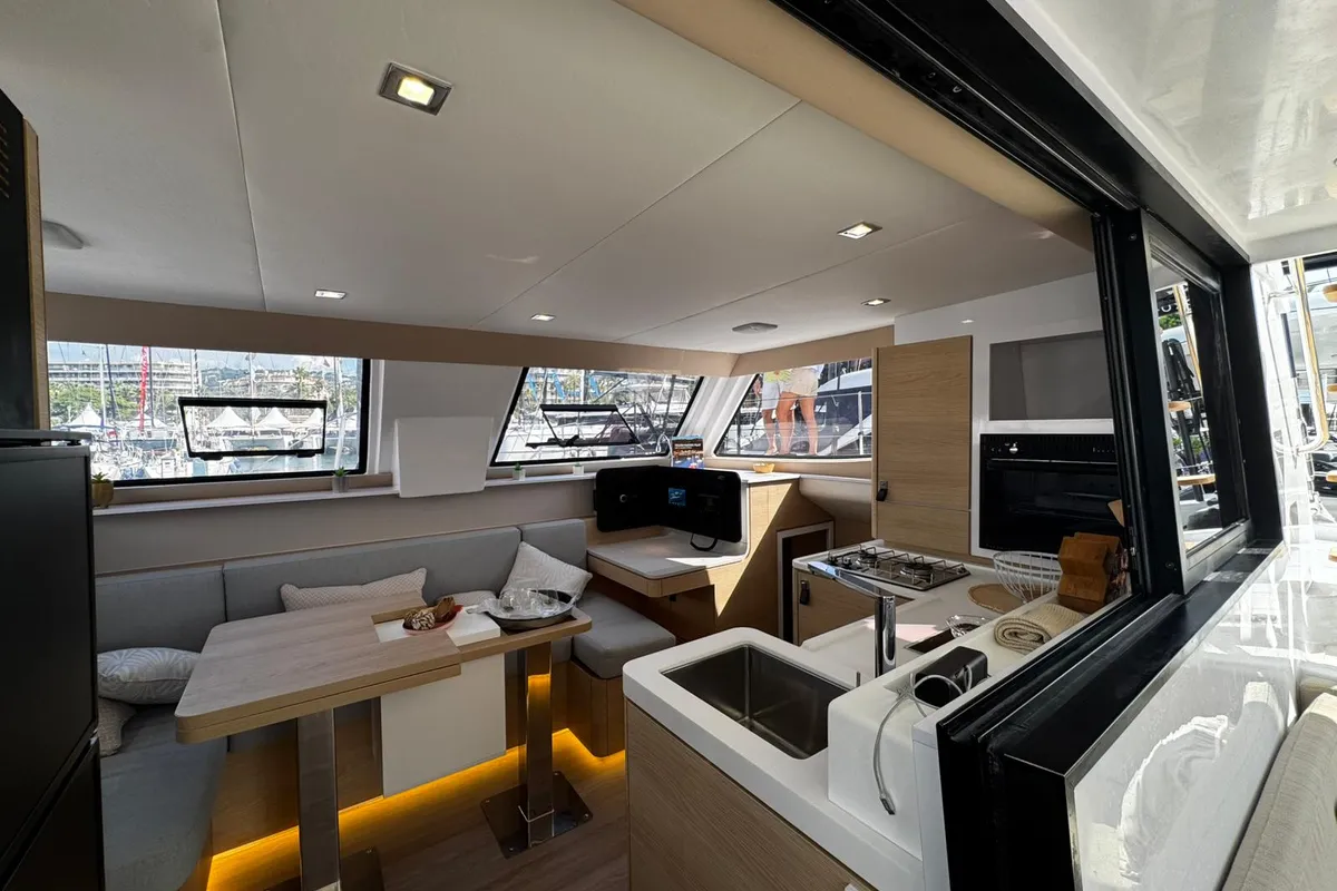 Salon of Zarah, a Aventura 37 catamaran at Capo d'Orlando, Italy