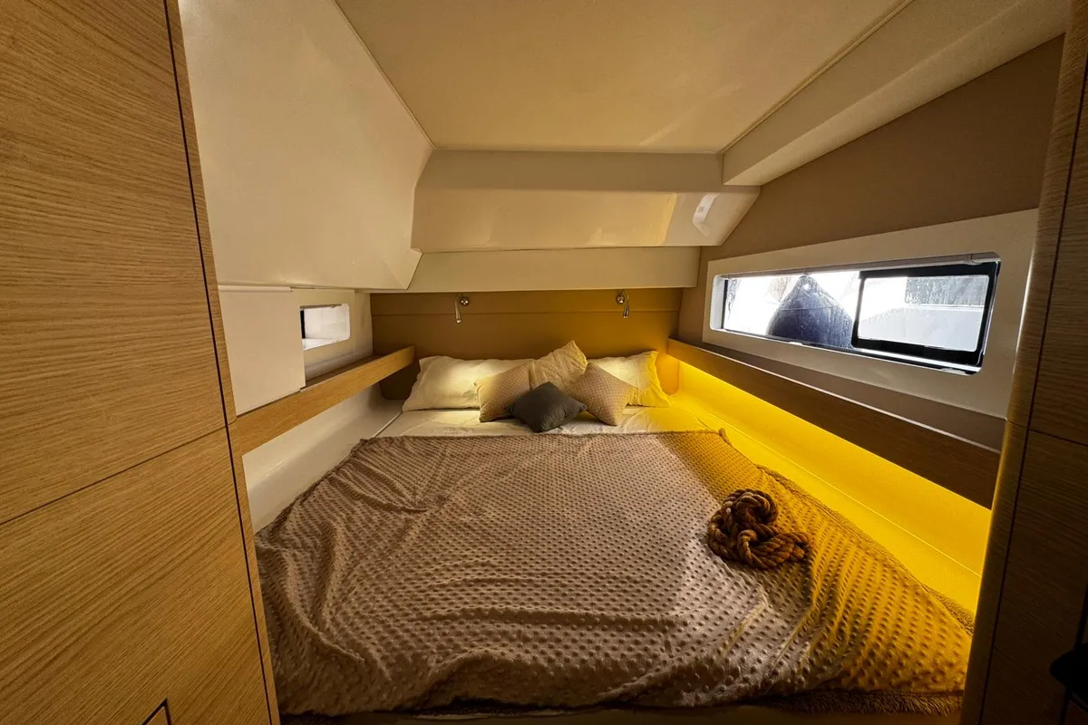 Cabin on Zarah, a Aventura 37 catamaran at Capo d'Orlando, Italy