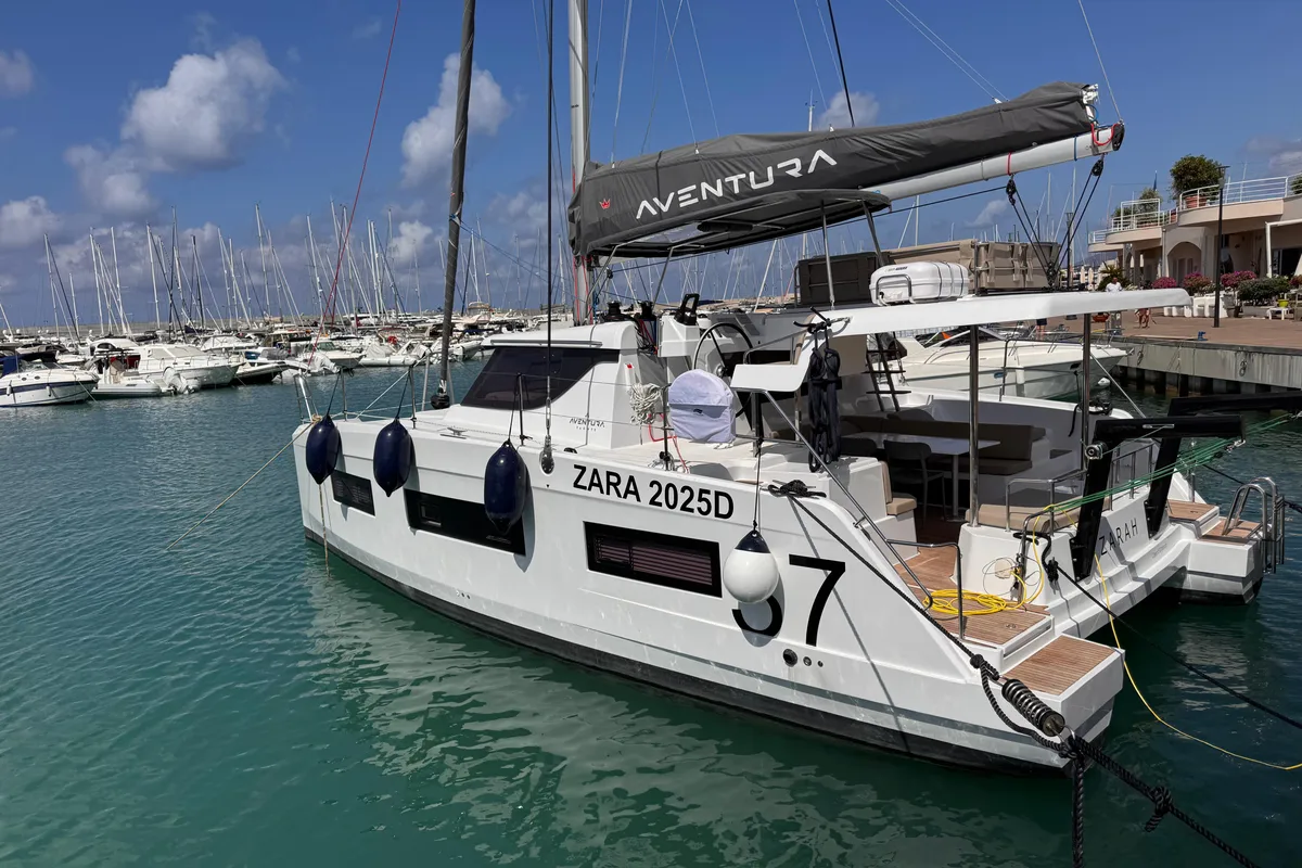 Exterior view of Zarah, a Aventura 37 catamaran at Capo d'Orlando, Italy