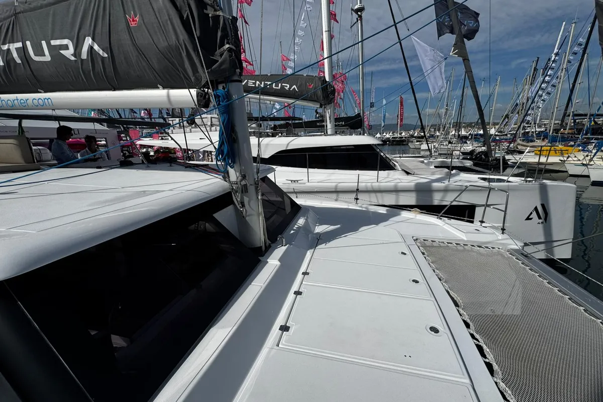 Deck of Zarah, a Aventura 37 catamaran at Capo d'Orlando, Italy