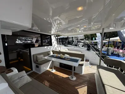 Deck of Zarah, a Aventura 37 catamaran at Capo d'Orlando, Italy