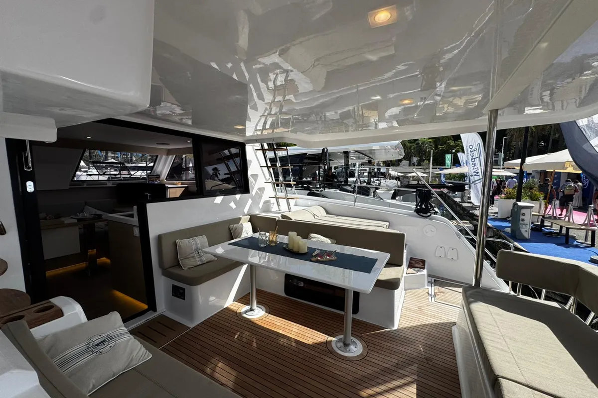 Deck of Zarah, a Aventura 37 catamaran at Capo d'Orlando, Italy